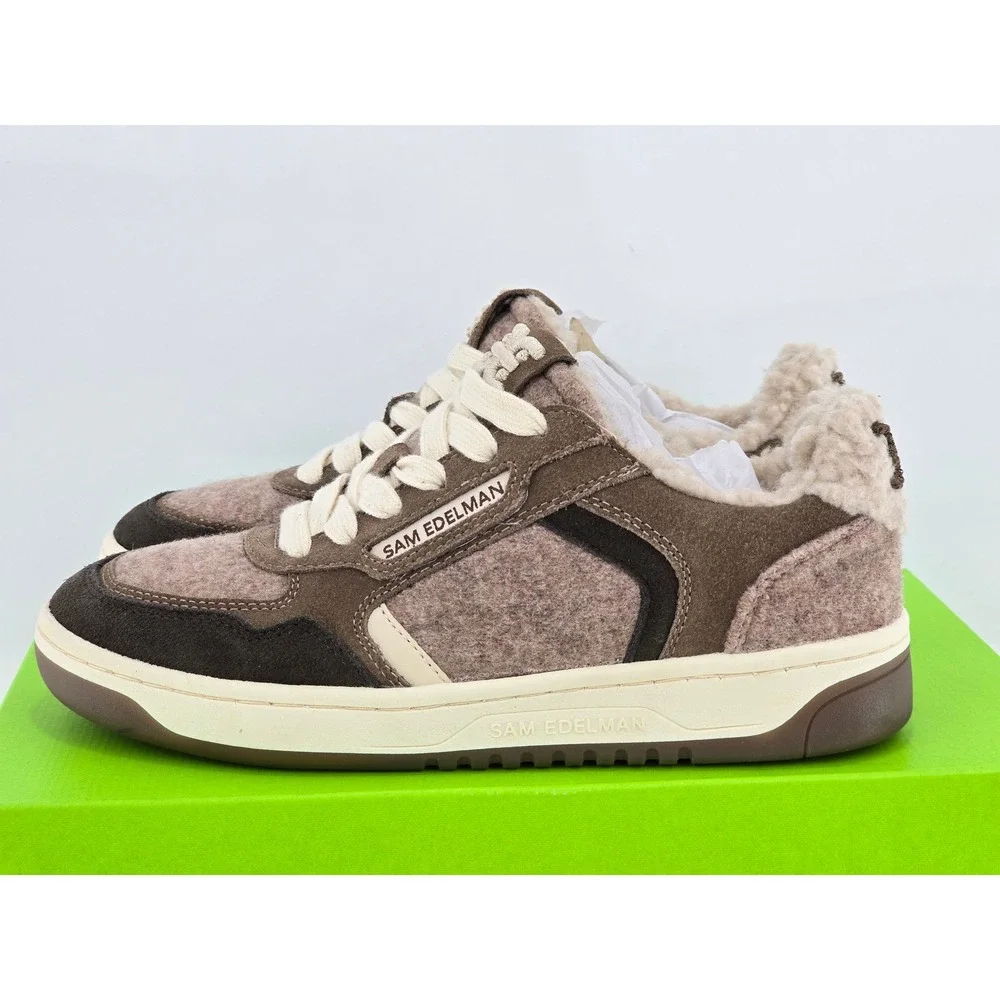 Sam Edelman Harper Cozy Sneakers Womens 5.5 Taupe Faux Fur Trim - NEW